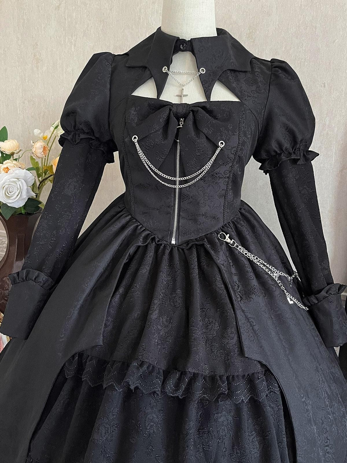 Sweet Promise Black Gothic Dark Lolita Cosplay Original Women's Long Sleeve Op