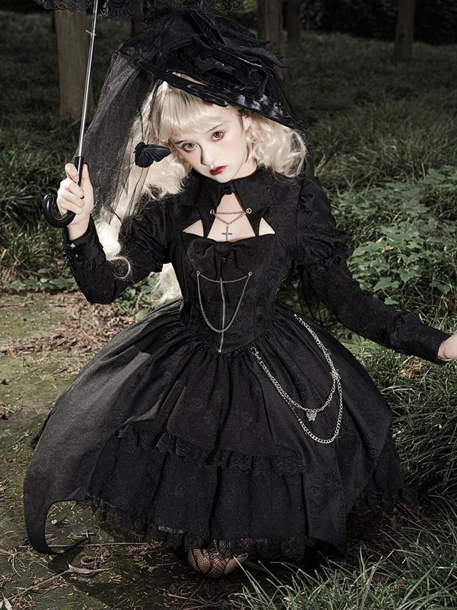 Sweet Promise Black Gothic Dark Lolita Cosplay Original Women's Long Sleeve Op