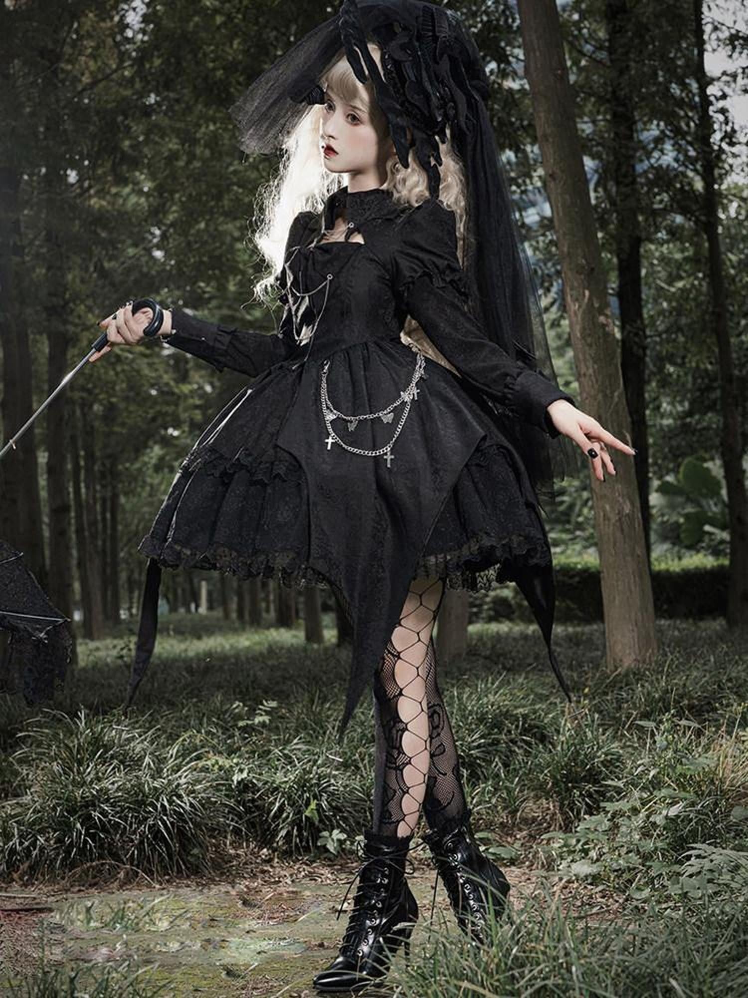 Sweet Promise Black Gothic Dark Lolita Cosplay Original Women's Long Sleeve Op