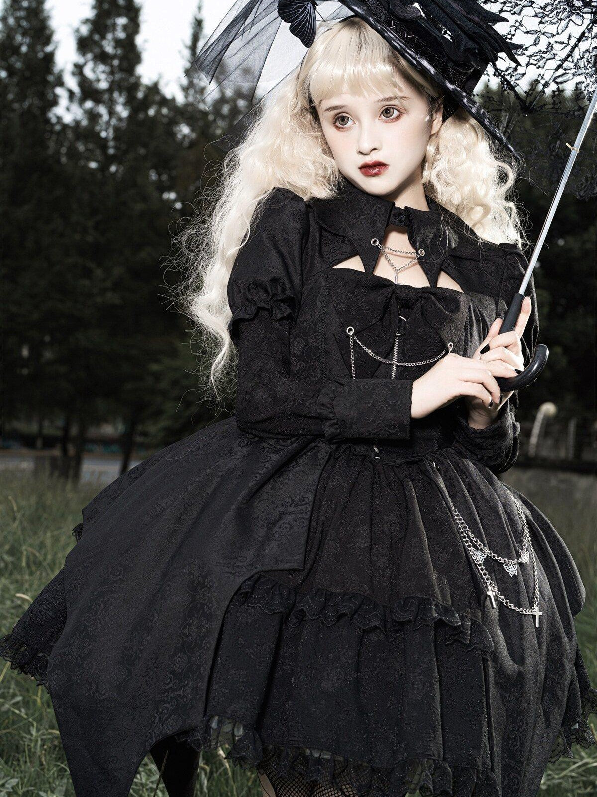 Sweet Promise Black Gothic Dark Lolita Cosplay Original Women's Long Sleeve Op