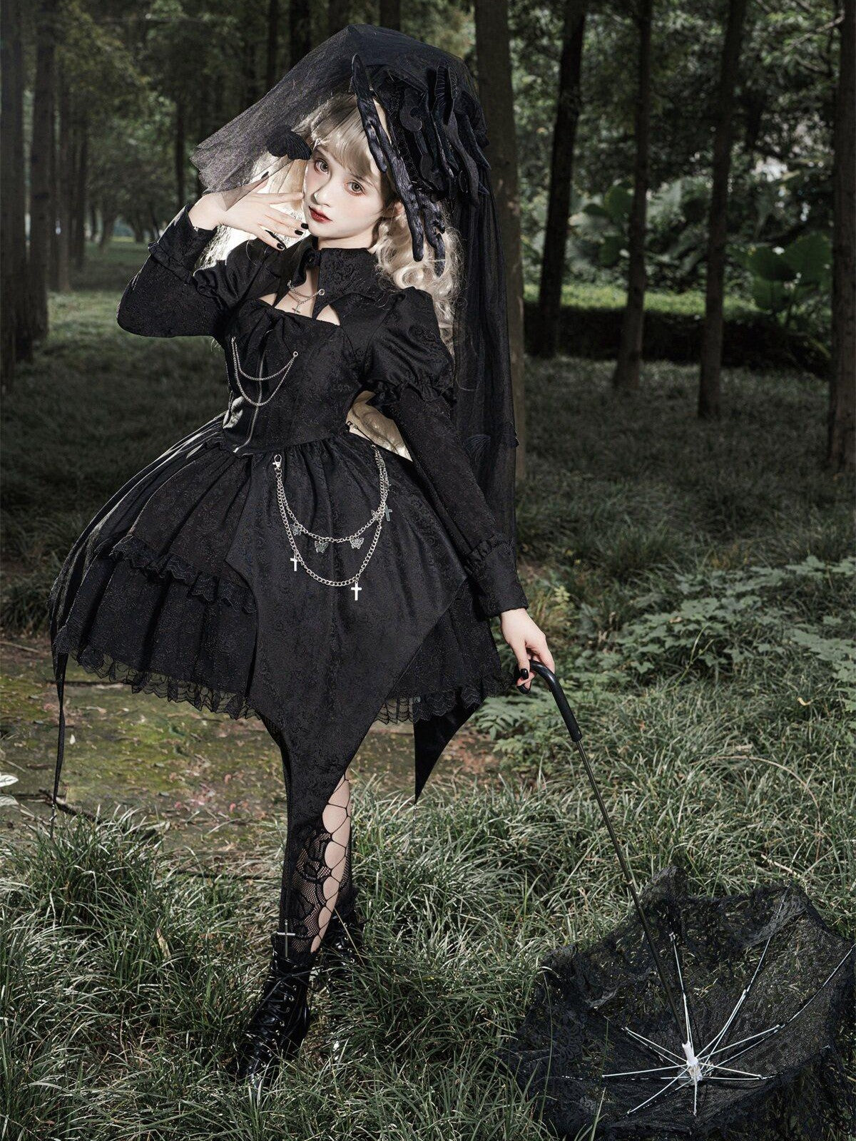 Sweet Promise Black Gothic Dark Lolita Cosplay Original Women's Long Sleeve Op