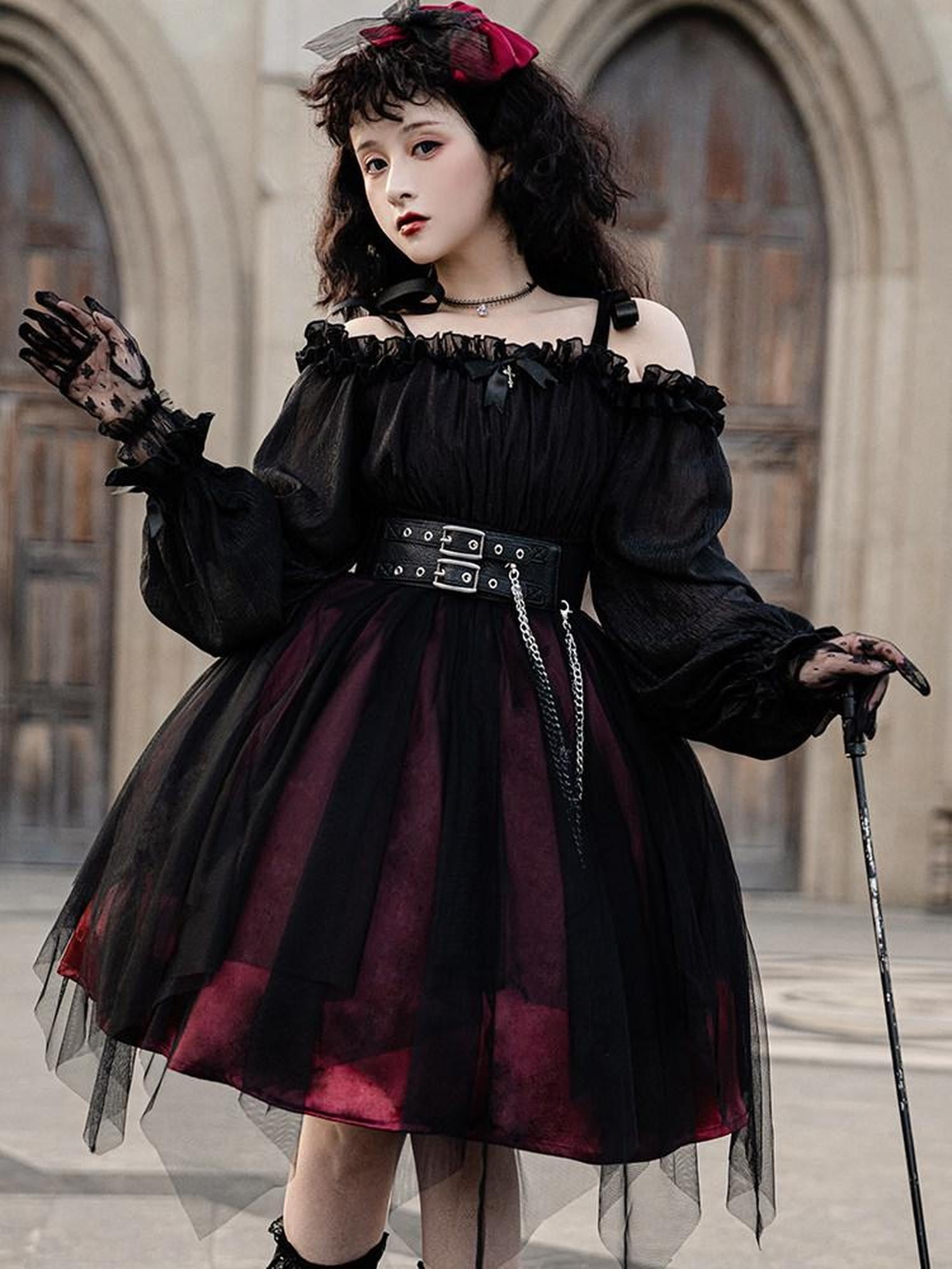 Sweet Promise Black Gothic Lolita Square Neck A Line Women's Polyester Long Sleeve Op