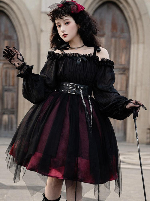 Sweet Promise Black Gothic Lolita Square Neck A Line Women's Polyester Long Sleeve Op