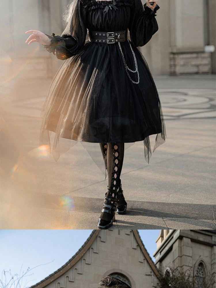 Sweet Promise Black Gothic Lolita Square Neck A Line Women's Polyester Long Sleeve Op