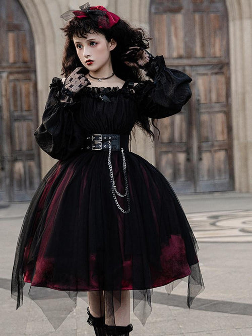 Sweet Promise Black Gothic Lolita Square Neck A Line Women's Polyester Long Sleeve Op