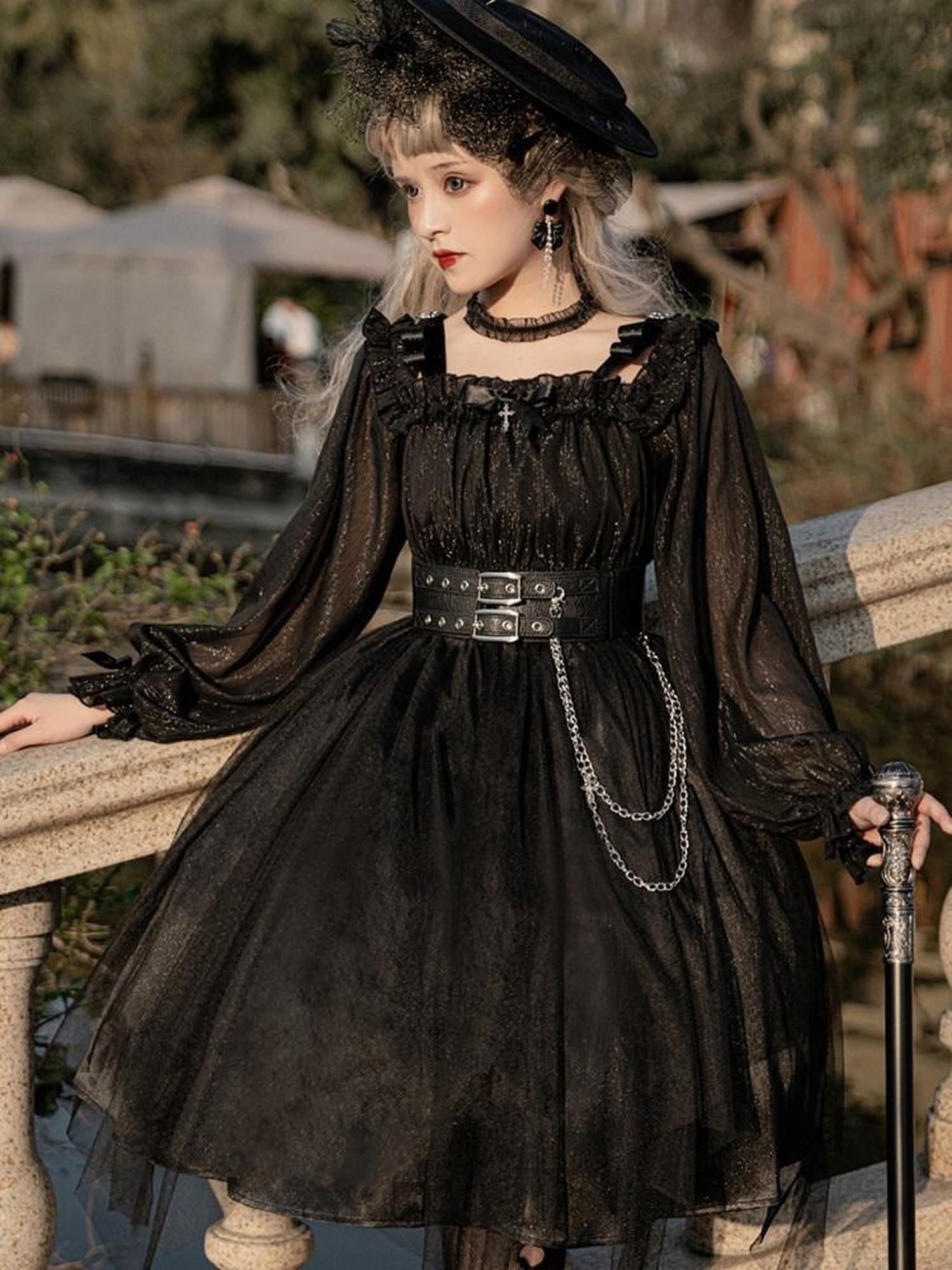 Sweet Promise Black Gothic Lolita Square Neck A Line Women's Polyester Long Sleeve Op