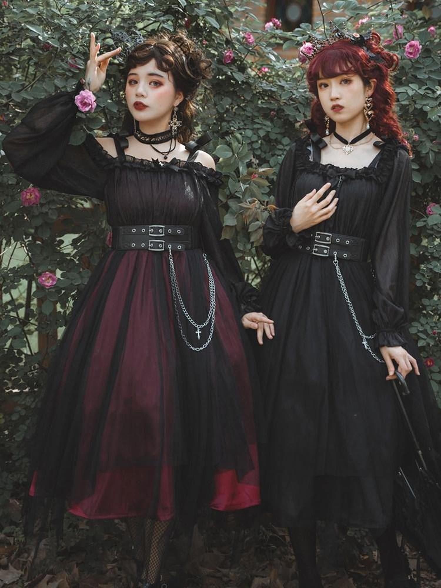 Sweet Promise Black Gothic Lolita Square Neck A Line Women's Polyester Long Sleeve Op