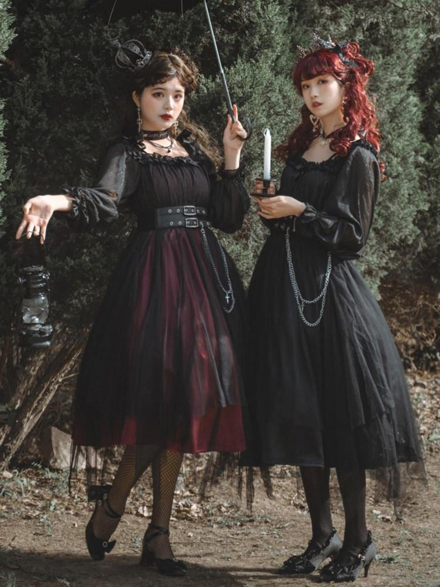Sweet Promise Black Gothic Lolita Square Neck A Line Women's Polyester Long Sleeve Op