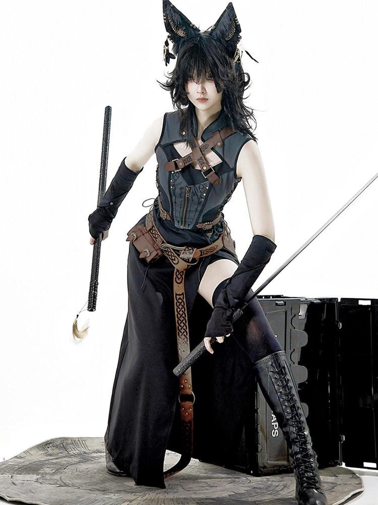 Sweet Promise Black Gothic Punk Lolita Stand Collar Straight Slim Fit Women's Jsk Sets