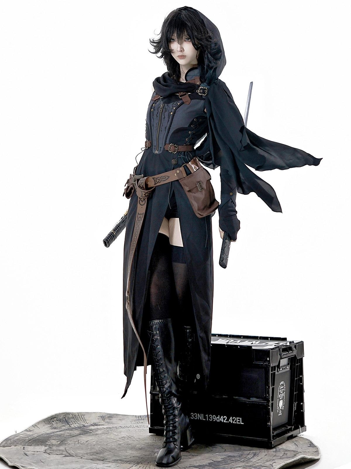 Sweet Promise Black Gothic Punk Lolita Stand Collar Straight Slim Fit Women's Jsk Sets