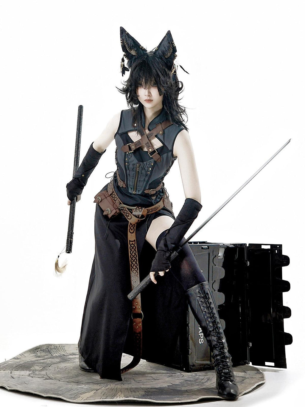 Sweet Promise Black Gothic Punk Lolita Stand Collar Straight Slim Fit Women's Jsk Sets