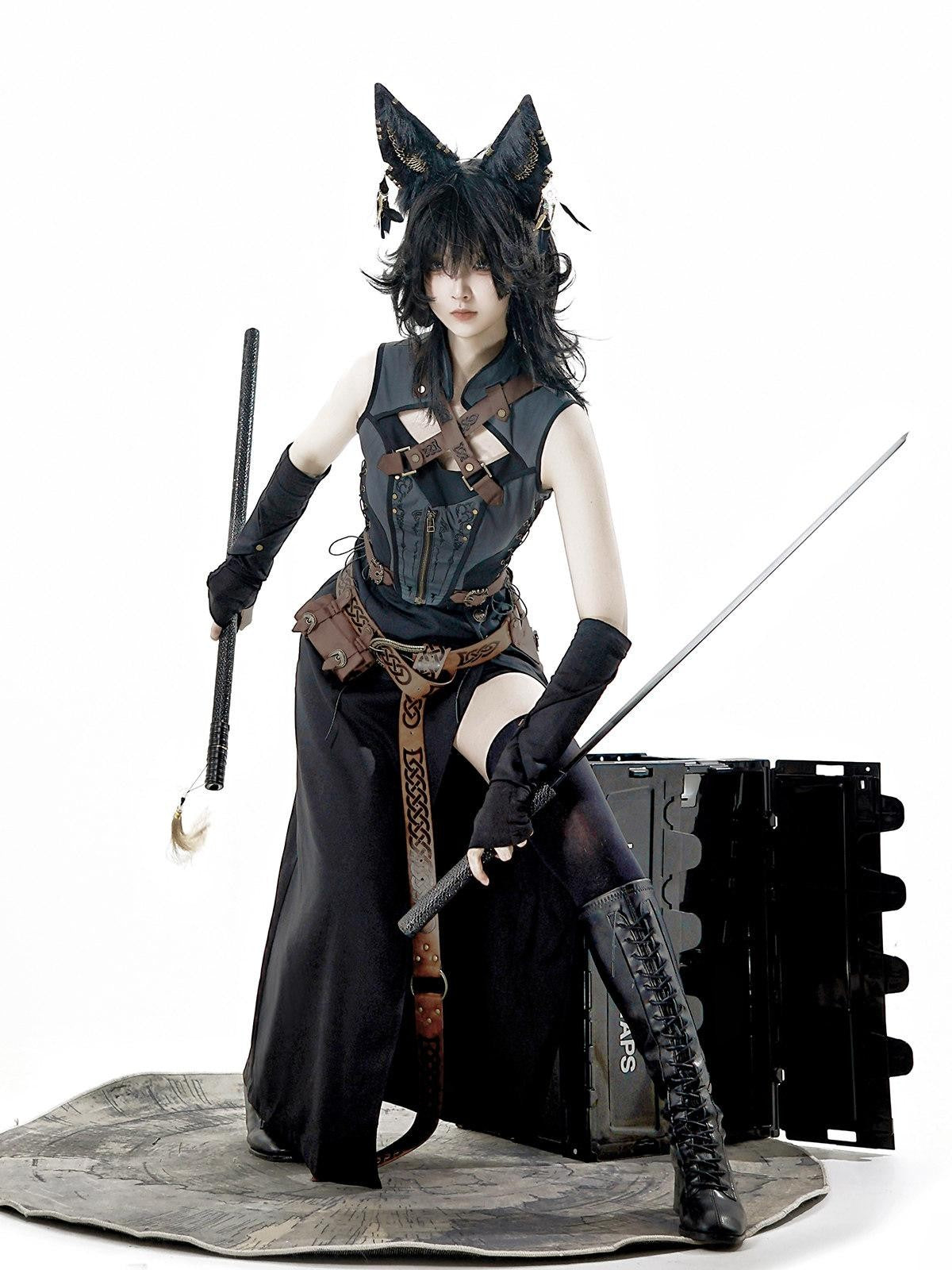 Sweet Promise Black Gothic Punk Lolita Stand Collar Straight Slim Fit Women's Jsk Sets