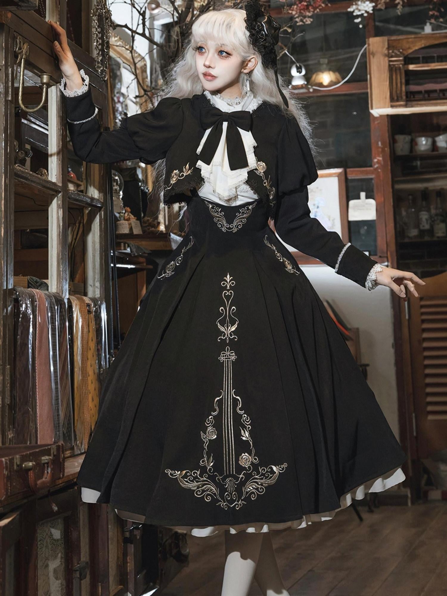 Sweet Promise Black Rose Gothic Nun Stand Collar Women's Suspender Three Piece Jsk Sets