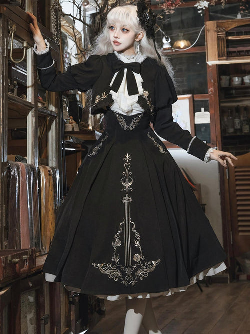 Sweet Promise Black Rose Gothic Nun Stand Collar Women's Suspender Three Piece Jsk Sets