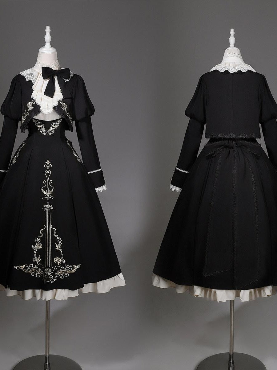Sweet Promise Black Rose Gothic Nun Stand Collar Women's Suspender Three Piece Jsk Sets
