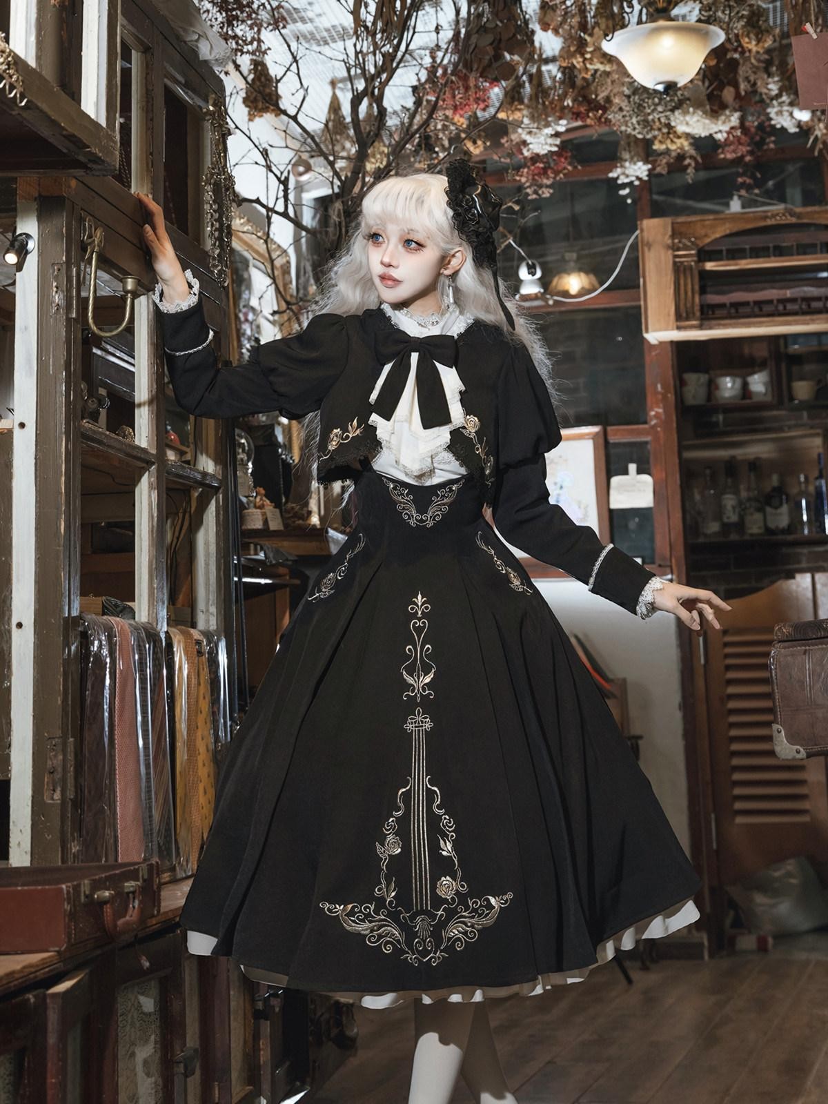 Sweet Promise Black Rose Gothic Nun Stand Collar Women's Suspender Three Piece Jsk Sets