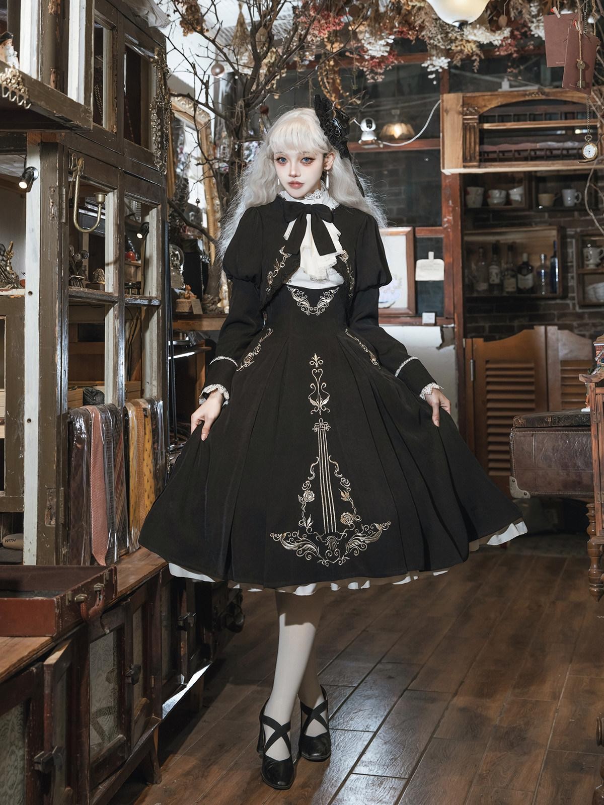 Sweet Promise Black Rose Gothic Nun Stand Collar Women's Suspender Three Piece Jsk Sets