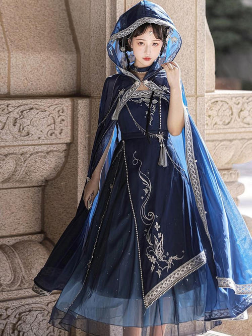 Sweet Promise Blue Gothic Hanfu Lolita Cape Women's Aline Jsk / Jumper Skirts