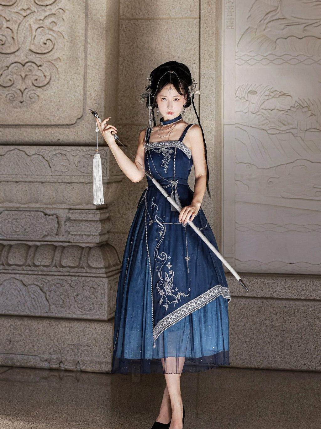 Sweet Promise Blue Gothic Hanfu Lolita Cape Women's Aline Jsk / Jumper Skirts