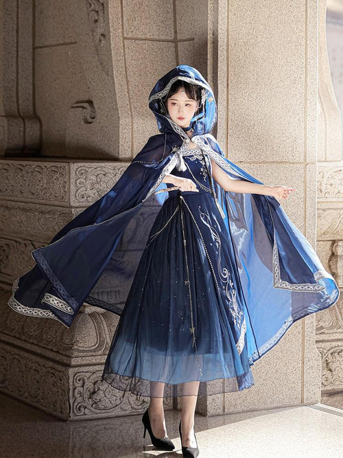 Sweet Promise Blue Gothic Hanfu Lolita Cape Women's Aline Jsk / Jumper Skirts
