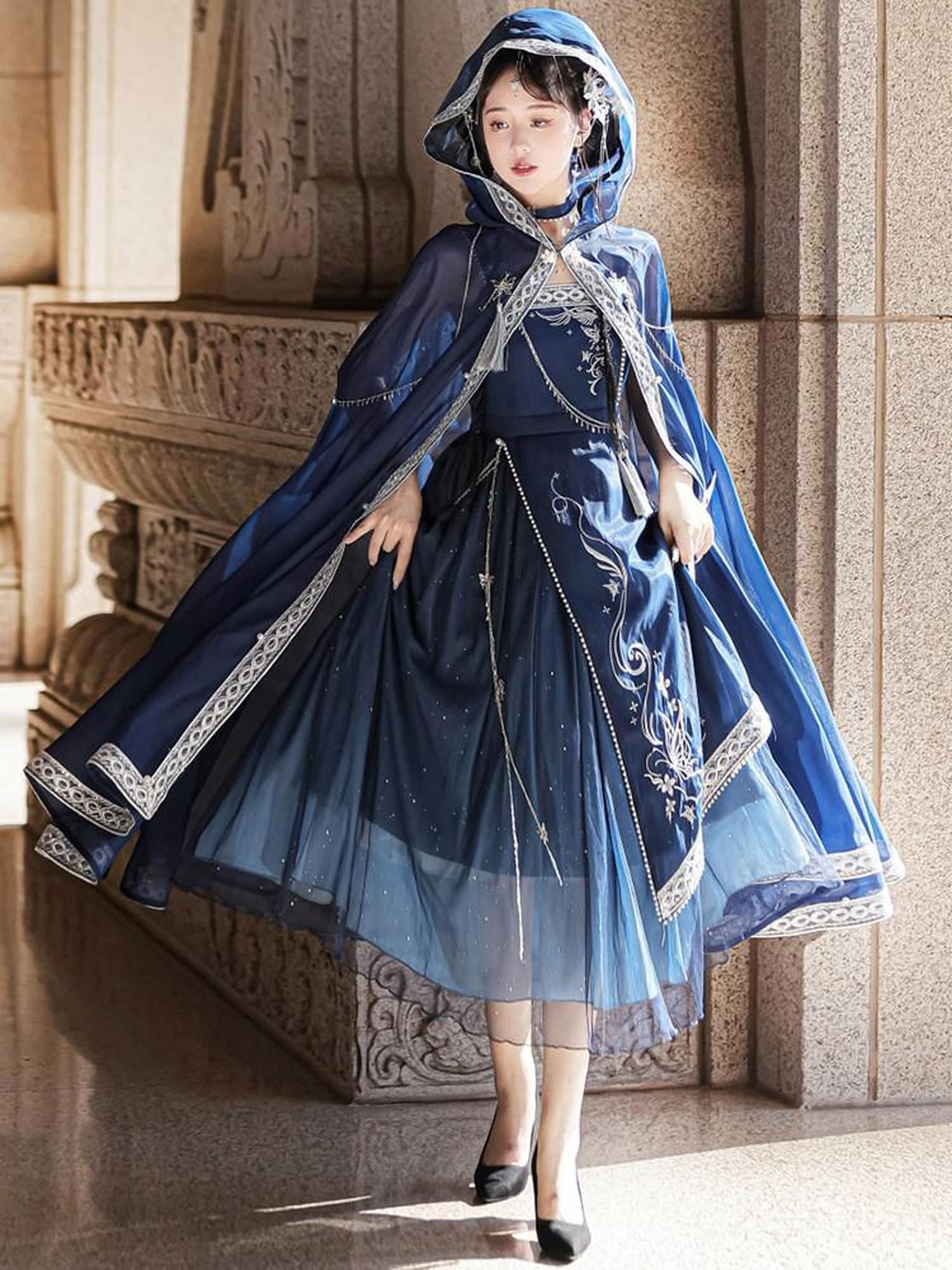 Sweet Promise Blue Gothic Hanfu Lolita Cape Women's Aline Jsk / Jumper Skirts