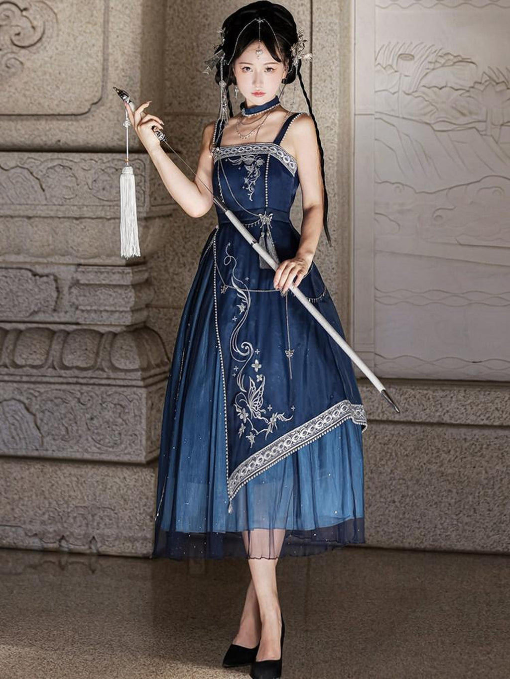 Sweet Promise Blue Gothic Hanfu Lolita Cape Women's Aline Jsk / Jumper Skirts