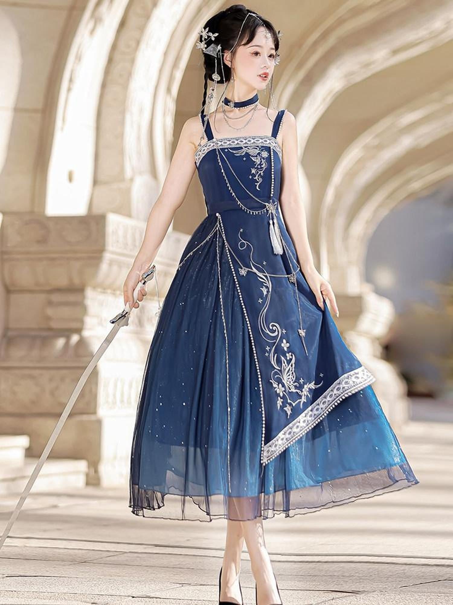 Sweet Promise Blue Gothic Hanfu Lolita Cape Women's Aline Jsk / Jumper Skirts