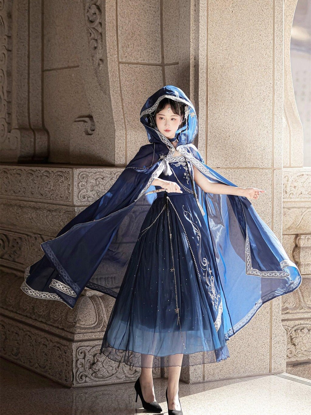 Sweet Promise Blue Gothic Hanfu Lolita Cape Women's Aline Jsk / Jumper Skirts