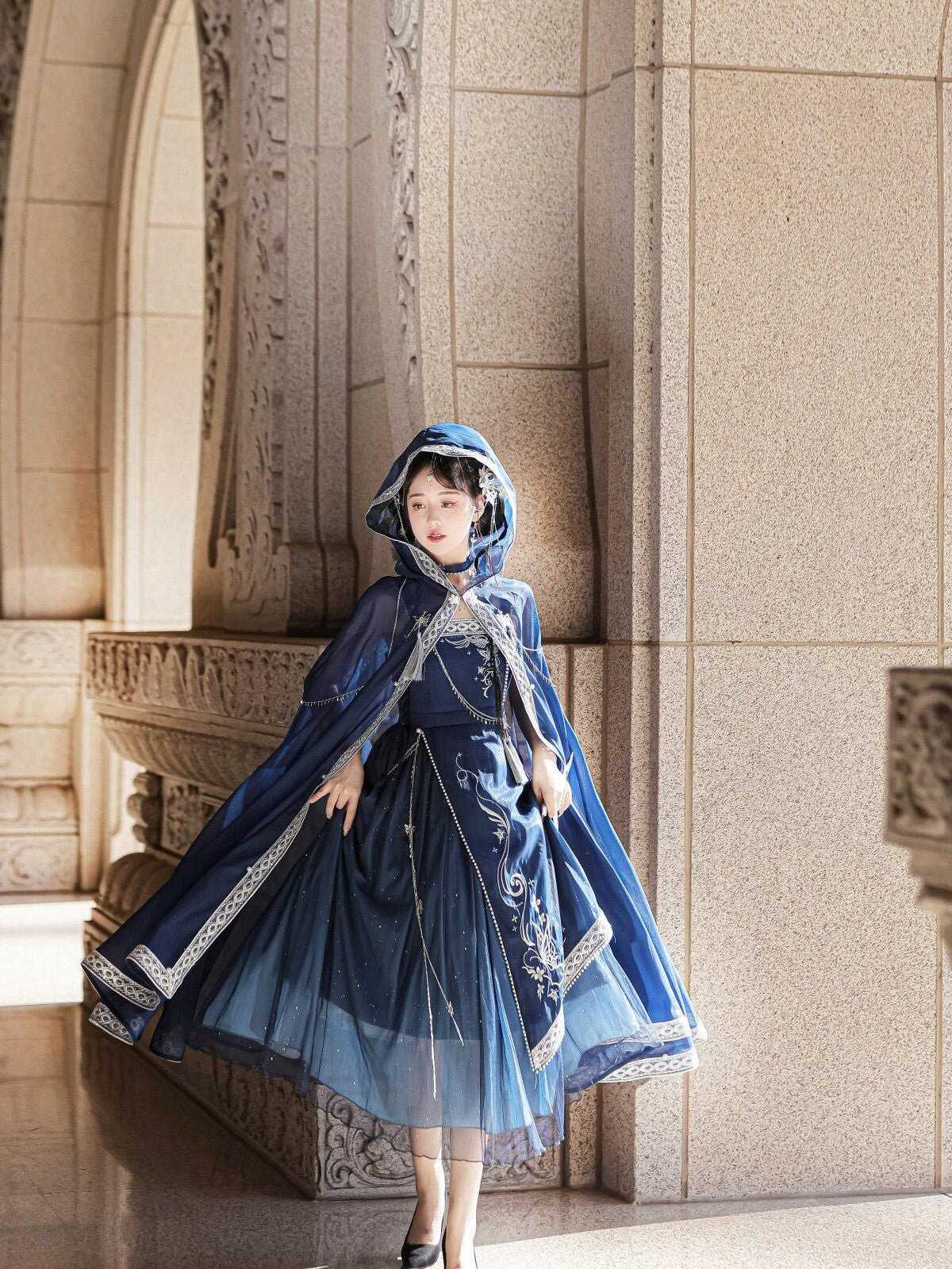 Sweet Promise Blue Gothic Hanfu Lolita Cape Women's Aline Jsk / Jumper Skirts