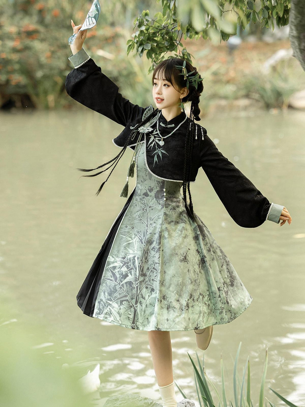 Sweet Promise Chinese Hanfu Lolita A Line High Waist Stand Collar Women's Jsk Sets