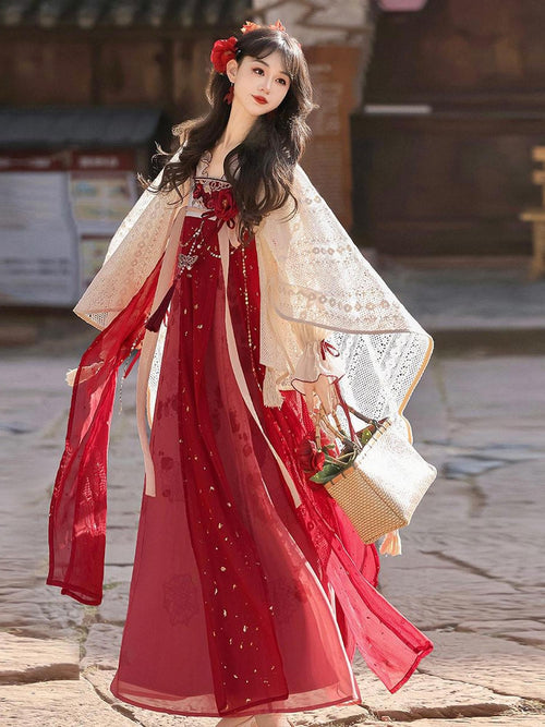Sweet Promise Chinese Modified Hanfu Shawl Top High Waist Skirt Women's Lightweight Jsk Sets