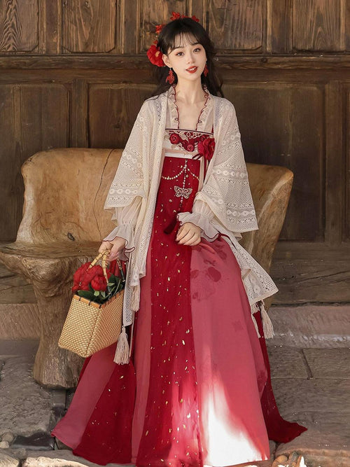 Sweet Promise Chinese Modified Hanfu Shawl Top High Waist Skirt Women's Lightweight Jsk Sets