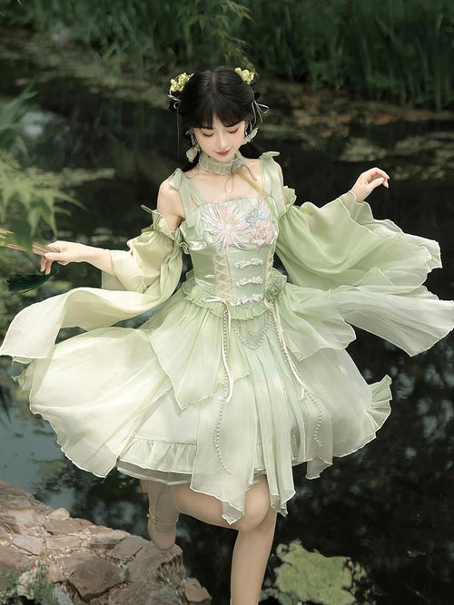 Sweet Promise Chinese Style Lolita Feather Sleeve Two Piece Women's Jsk / Jumper Skirts