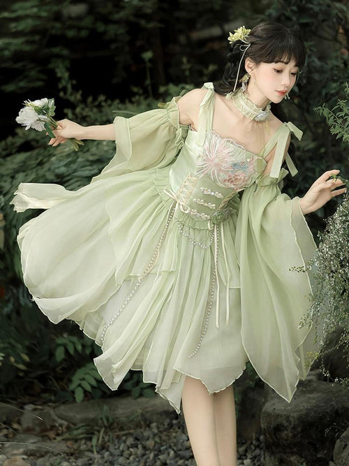 Sweet Promise Chinese Style Lolita Feather Sleeve Two Piece Women's Jsk / Jumper Skirts