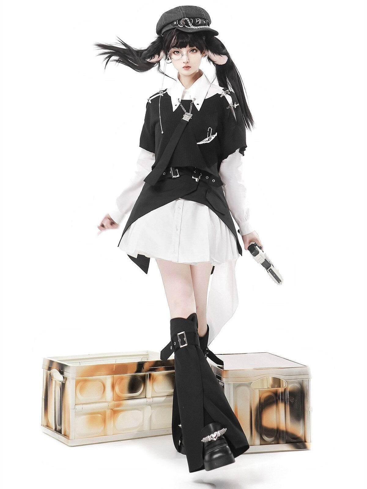 Sweet Promise Dark Gothic Lolita Cosplay Ruffled Lace Corset Skirt Women's Long Sleeve Op