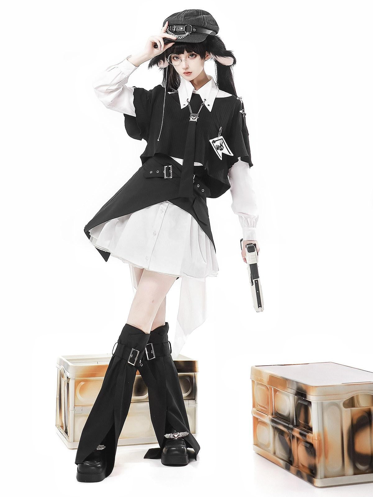 Sweet Promise Dark Gothic Lolita Cosplay Ruffled Lace Corset Skirt Women's Long Sleeve Op