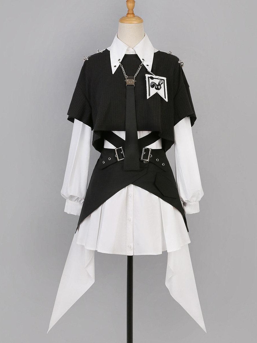 Sweet Promise Dark Gothic Lolita Cosplay Ruffled Lace Corset Skirt Women's Long Sleeve Op