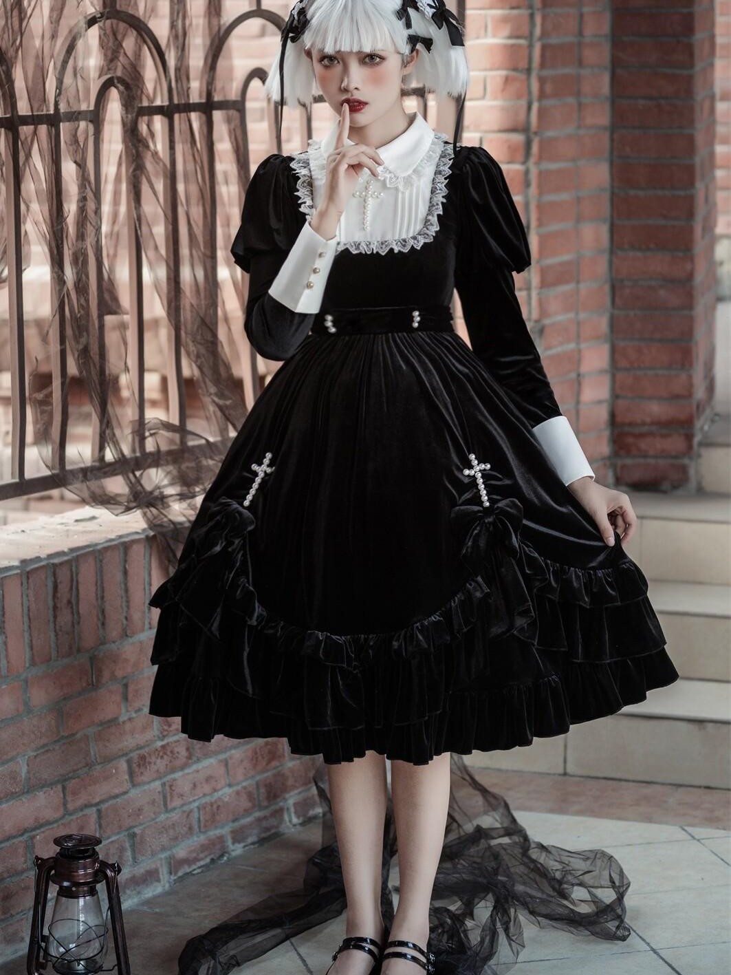 Sweet Promise Dark Gothic Lolita High Waist A Line Black Women's Long Sleeve Op