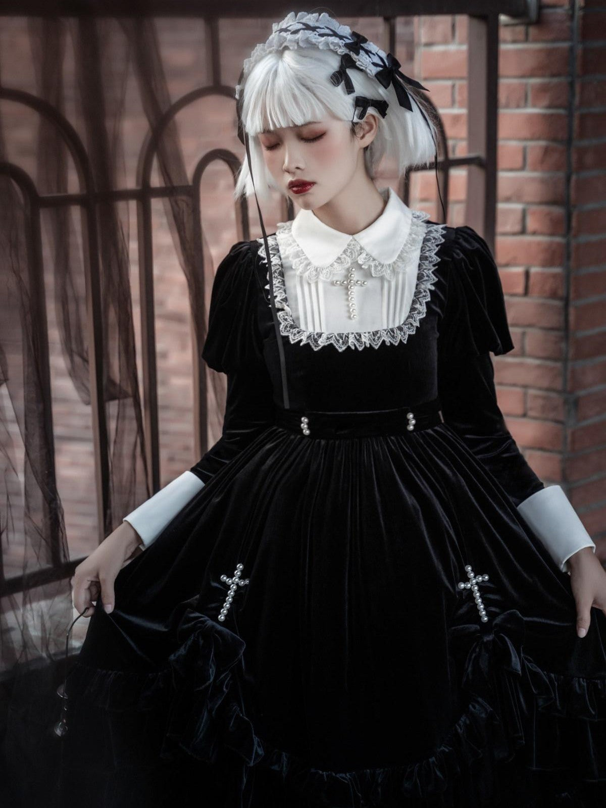 Sweet Promise Dark Gothic Lolita High Waist A Line Black Women's Long Sleeve Op