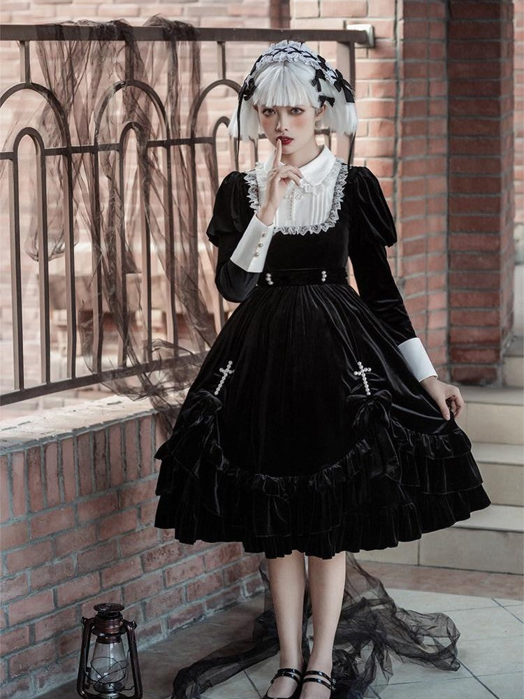 Sweet Promise Dark Gothic Lolita High Waist A Line Black Women's Long Sleeve Op
