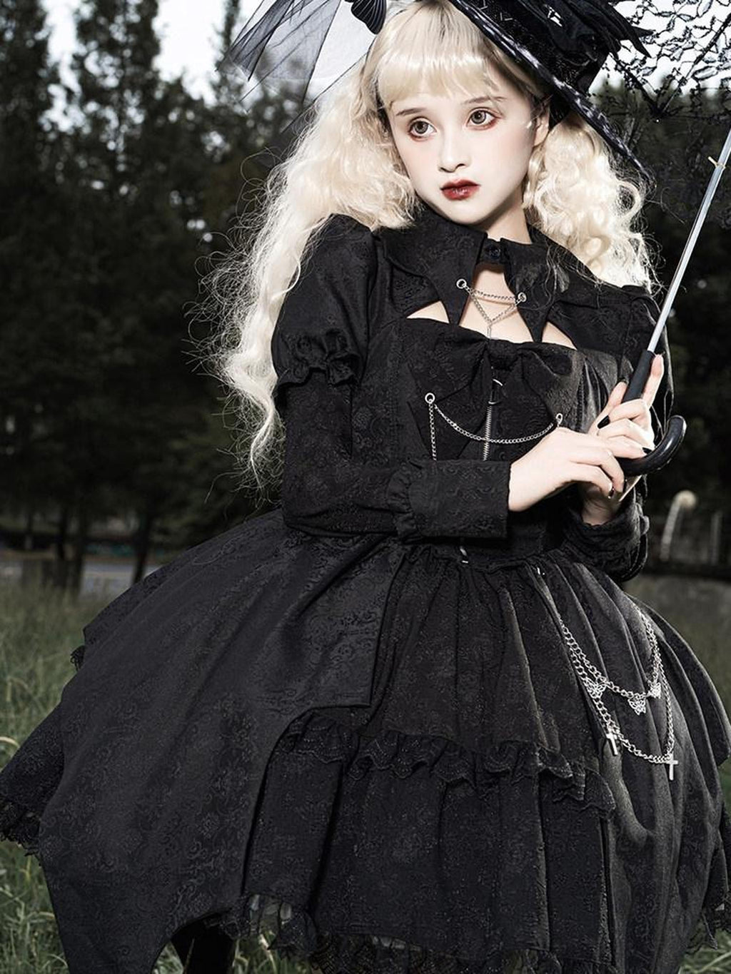 Sweet Promise Dark Gothic Punk Lolita Patchwork High Waist A Line Women's Long Sleeve Op