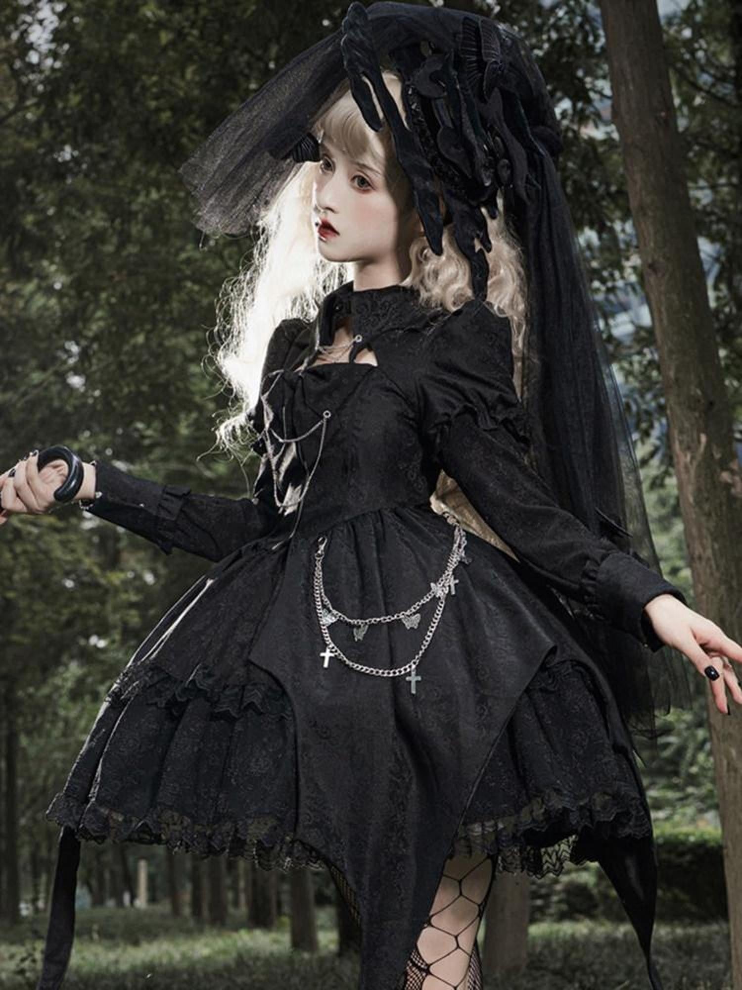 Sweet Promise Dark Gothic Punk Lolita Patchwork High Waist A Line Women's Long Sleeve Op