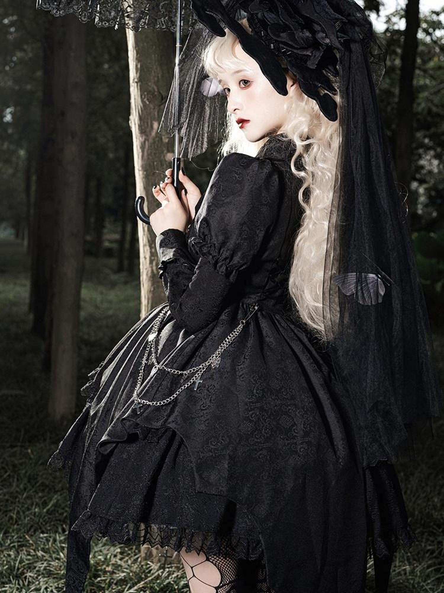 Sweet Promise Dark Gothic Punk Lolita Patchwork High Waist A Line Women's Long Sleeve Op