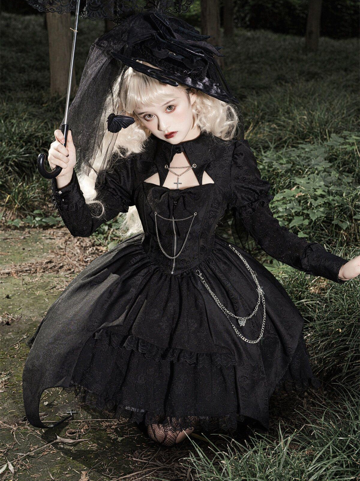 Sweet Promise Dark Gothic Punk Lolita Patchwork High Waist A Line Women's Long Sleeve Op