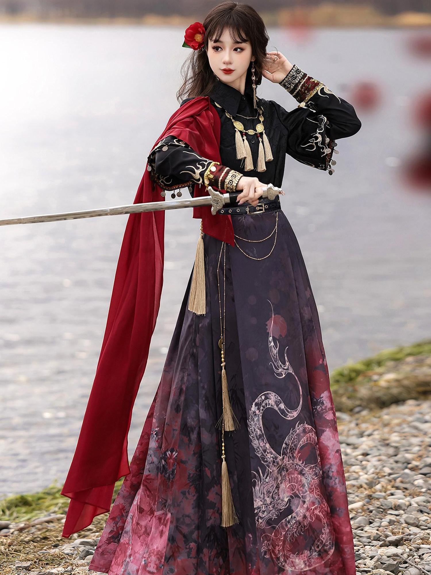 Sweet Promise Dark Printed Mamian Modern Chinese Han Elements Women's Red Black Skirt Sets