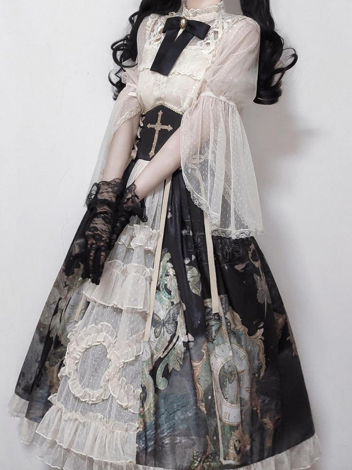 Sweet Promise Elegant Gothic Lolita Princess Print Women's Polyester Short Sleeve Op