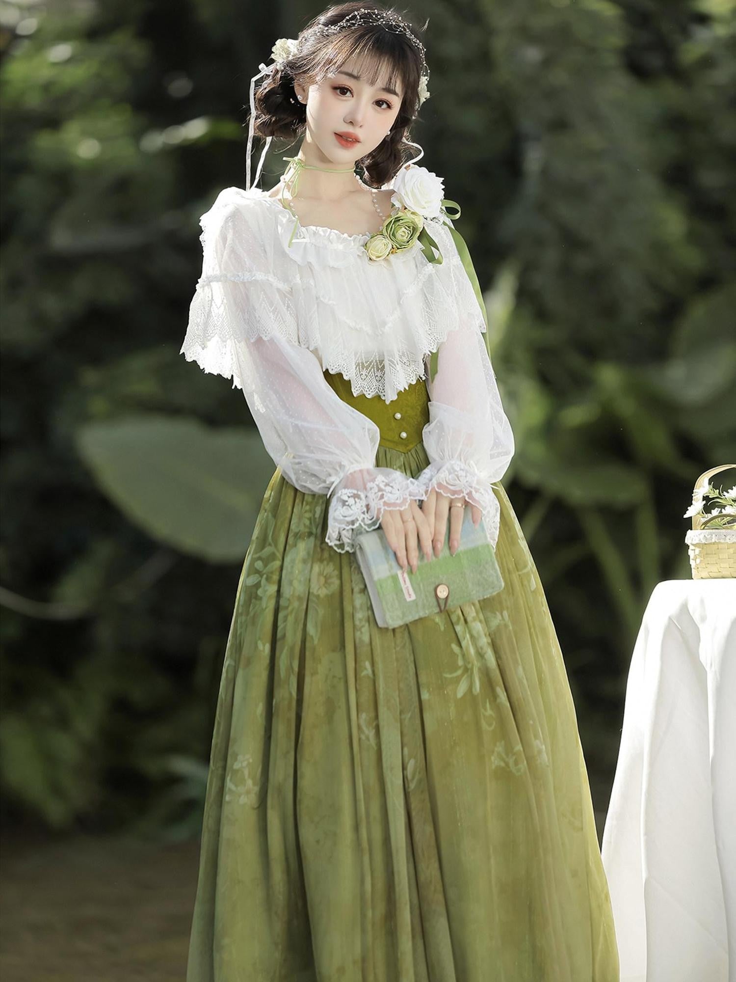 Sweet Promise Elegant Sweet New Chinese Lolita A Line V-neck Princess Court Women's Skirt Sets