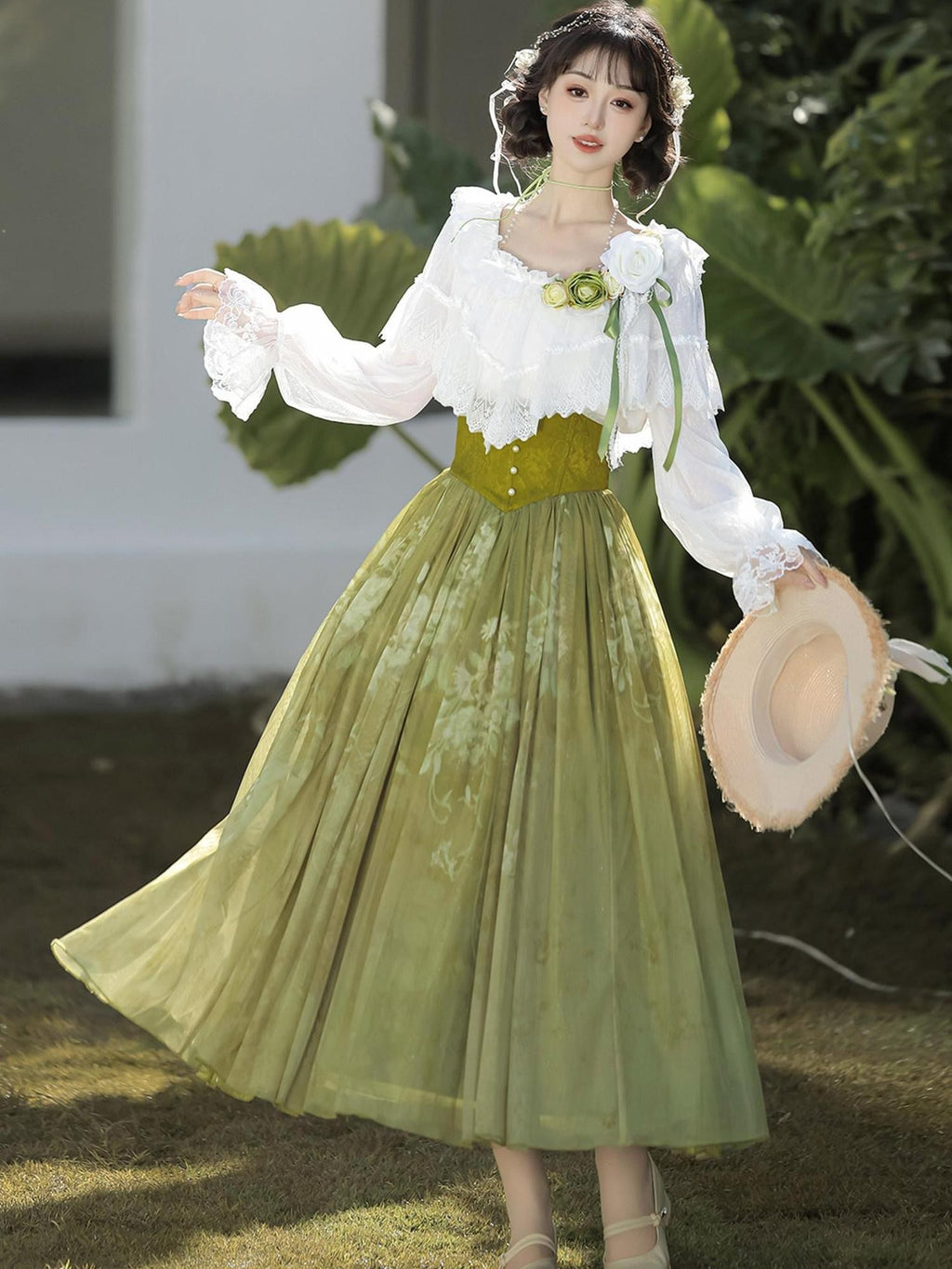 Sweet Promise Elegant Sweet New Chinese Lolita A Line V-neck Princess Court Women's Skirt Sets