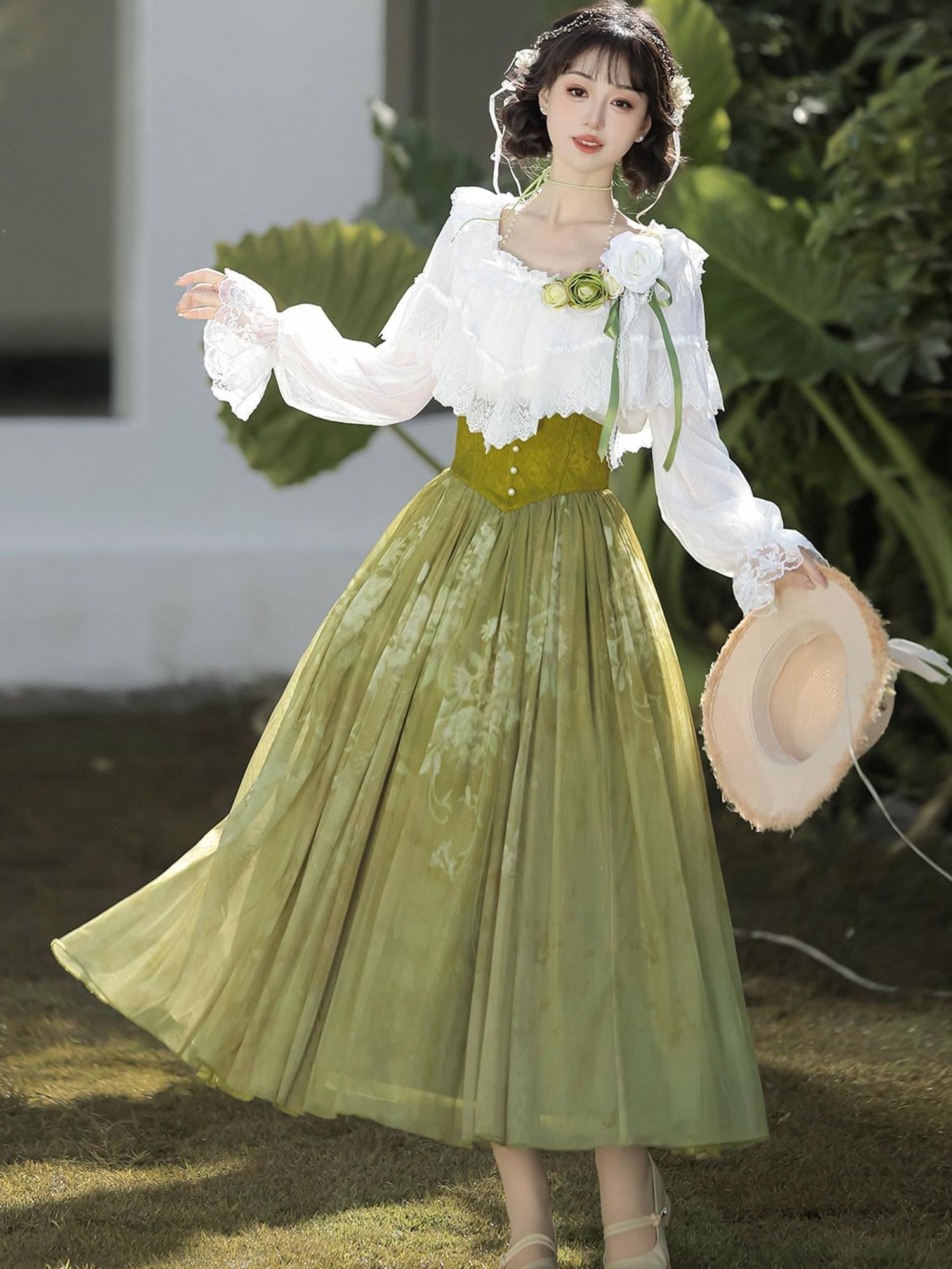 Sweet Promise Elegant Sweet New Chinese Lolita A Line V-neck Princess Court Women's Skirt Sets