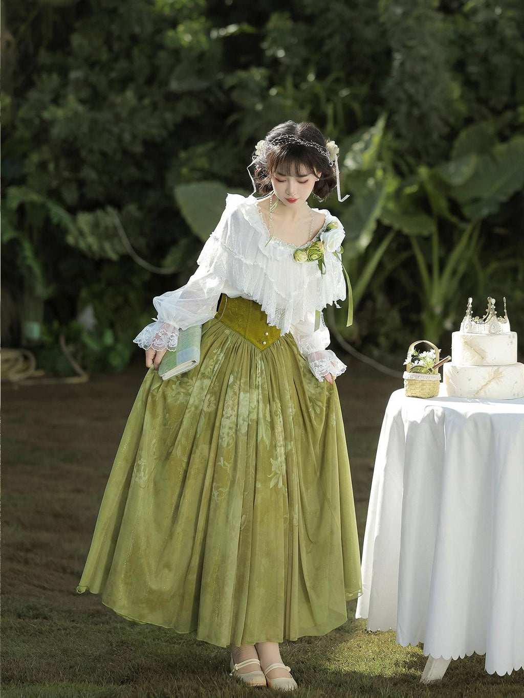 Sweet Promise Elegant Sweet New Chinese Lolita A Line V-neck Princess Court Women's Skirt Sets